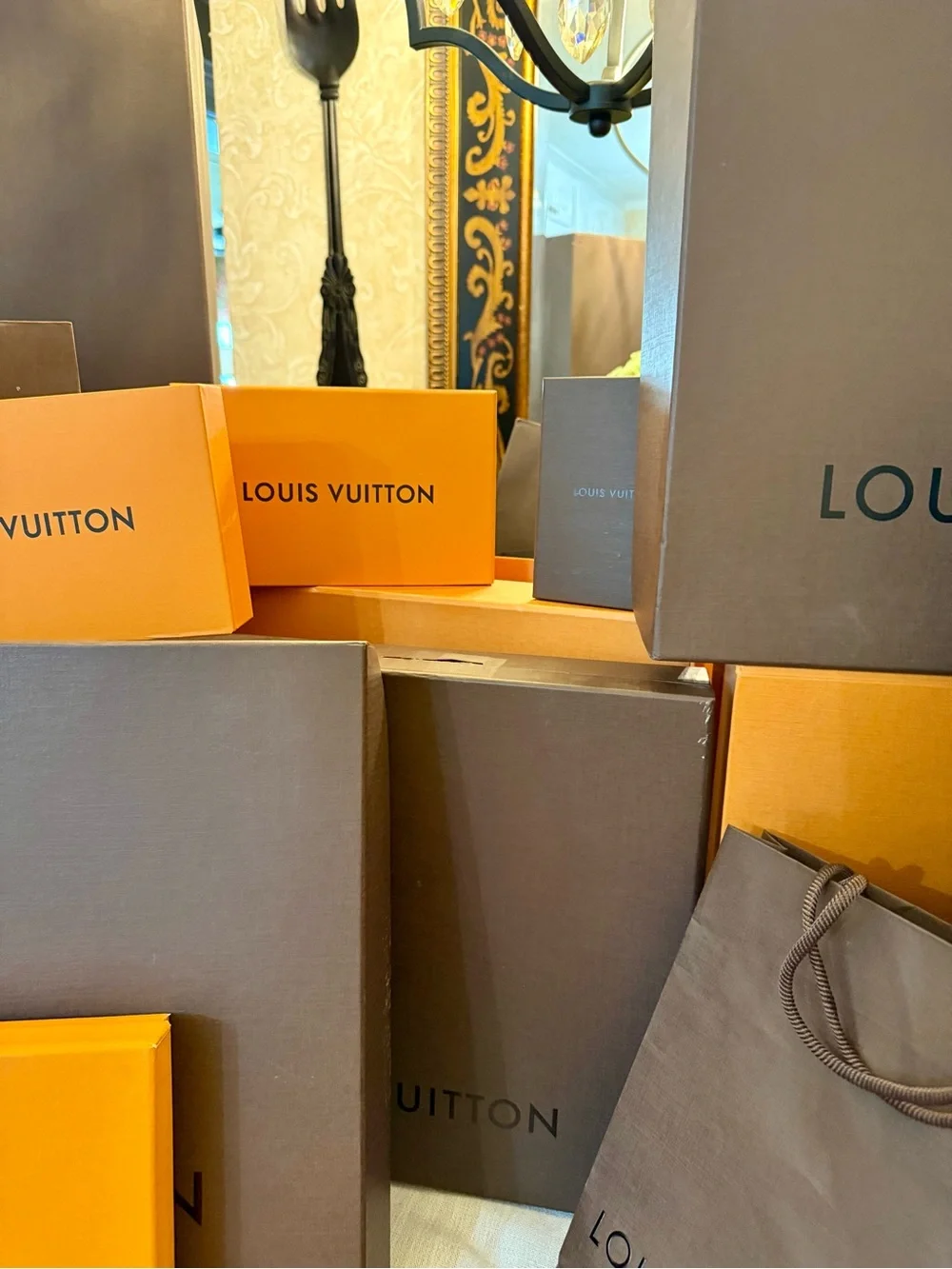 Louis Vuitton Orange and Brown Gift Boxes and Bags Display